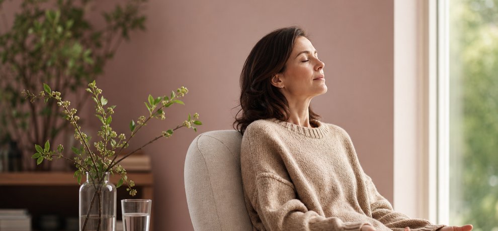 Femme assise pres d une fenetre les yeux fermes prenant un temps de pause pour apaiser sa charge mentale