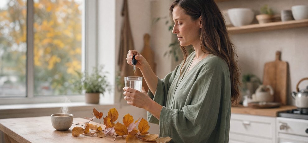 Femme qui verse des gouttes de concentré de Bourgeons dans un verre d'eau pour une détox d'automne