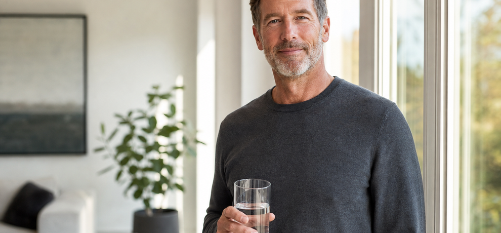Homme serein le matin près d'une fenêtre avec un verre d'eau, ambiance bien-être et confort urinaire au naturel