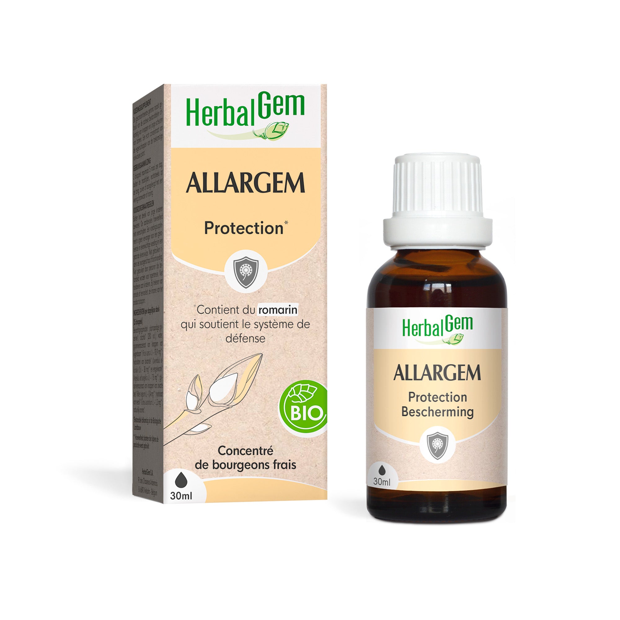 Boîte et flacon AllarGem Bio HerbalGem 30 ml – complexe de bourgeons frais anti-allergies et protection immunitaire.