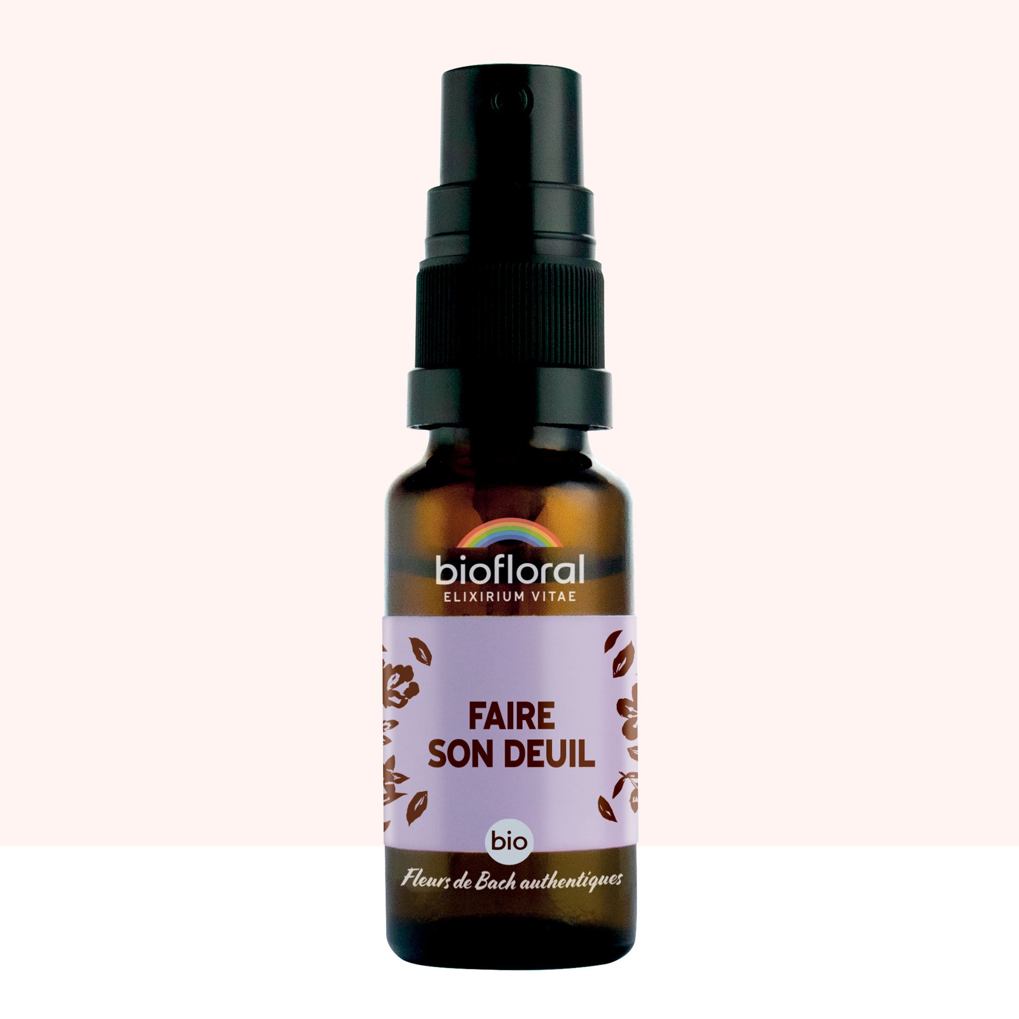 Flacon vaporisateur Biofloral Faire son Deuil, élixir floral bio Fleurs de Bach.