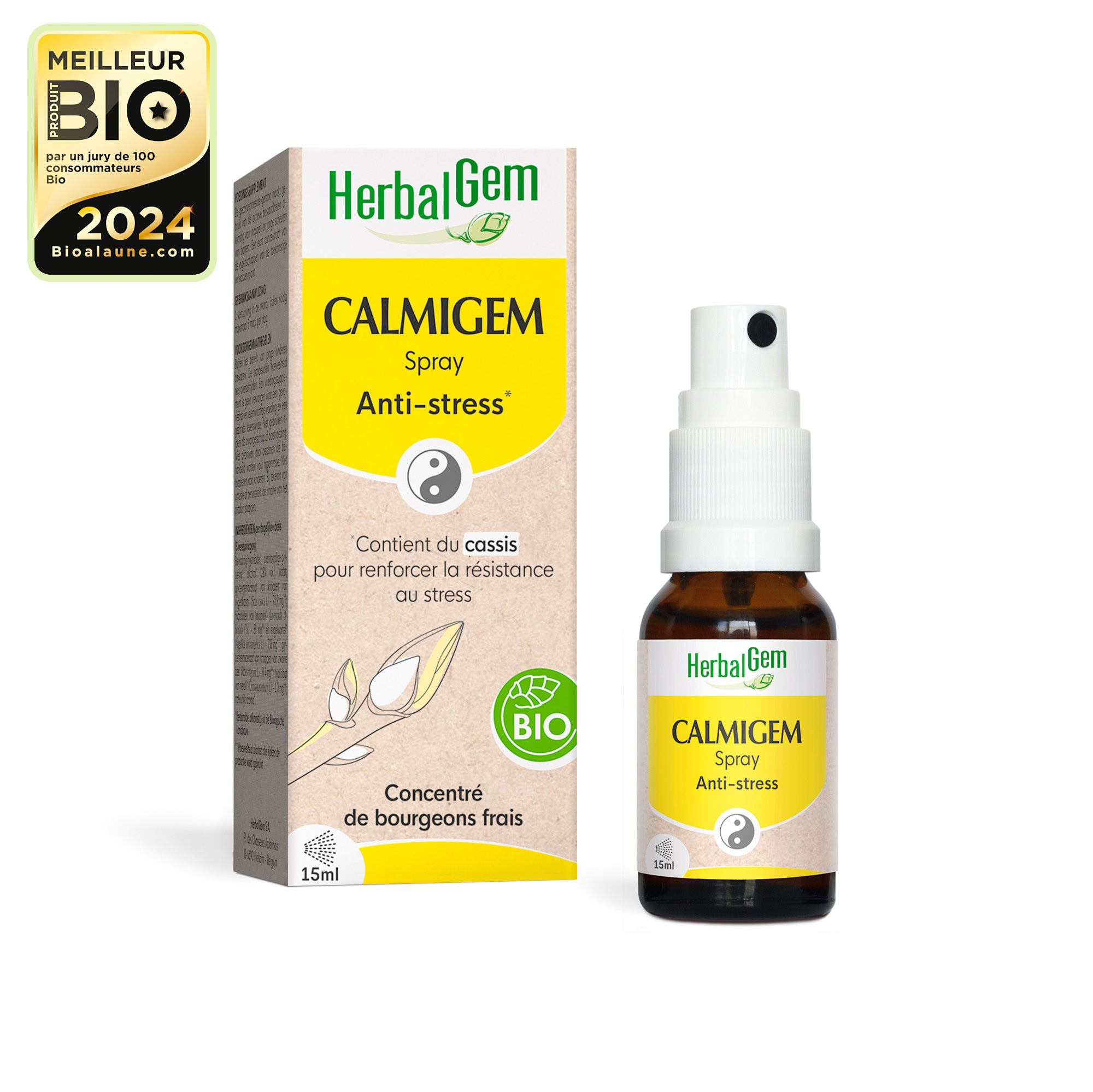 Flacon spray et boîte Calmigem Bio HerbalGem Anti-stress de 15 ml, avec label du ‘Meilleur Produit Bio 2024’.