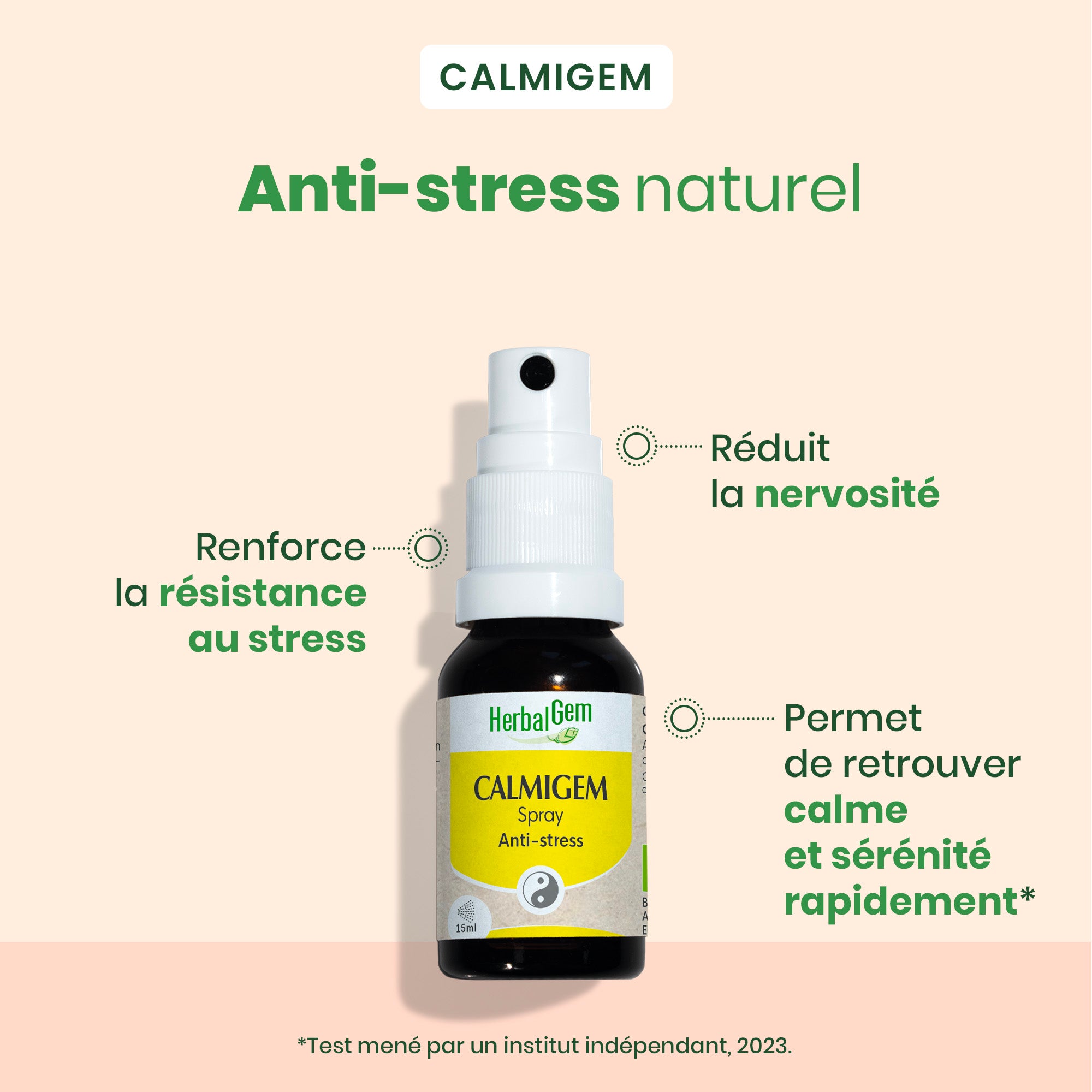 Calmigem Spray Anti-stress HerbalGem 15 ml avec des icônes et du texte détaillant ses bienfaits.
