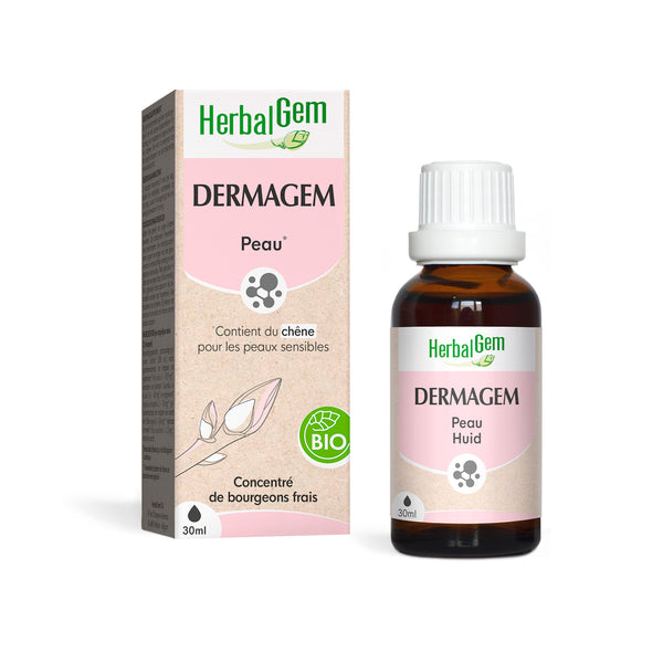 Flacon et boîte Dermagem HerbalGem de 30 ml, pour peau sensible avec du concentré de bourgeons Bio.