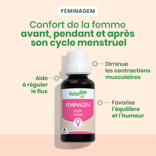Description détaillée du produit Feminagem d'HerbalGem pour le cycle menstruel de la femme.