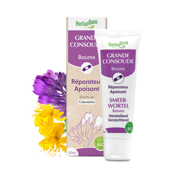 Baume apaisante Grande Cousoude d'HerbalGem bio de 50 ml sur fond blanc, pour réparer et apaiser.