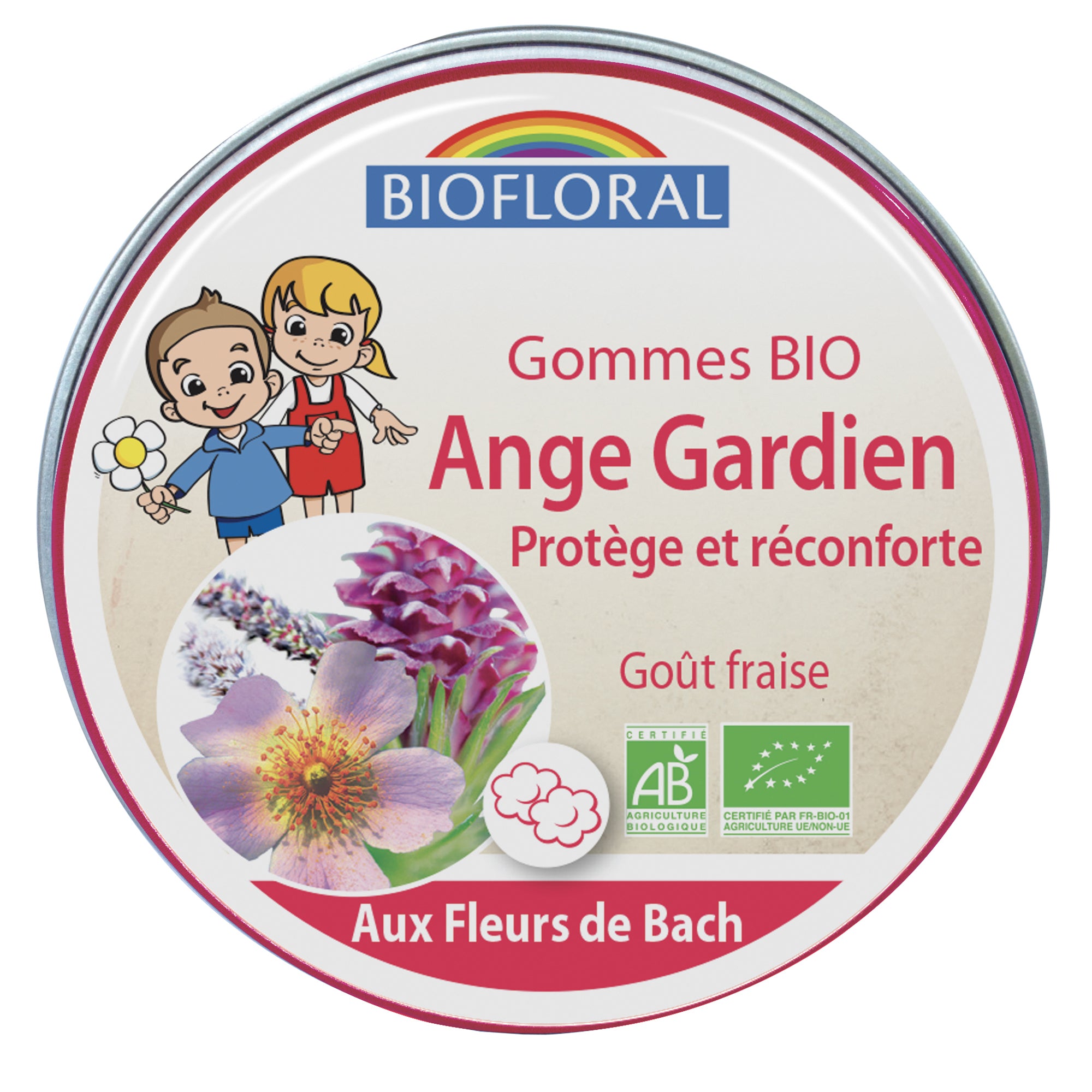 Boîte de gommes BIO Biofloral Ange Gardien goût fraise, protège et réconforte, aux Fleurs de Bach.