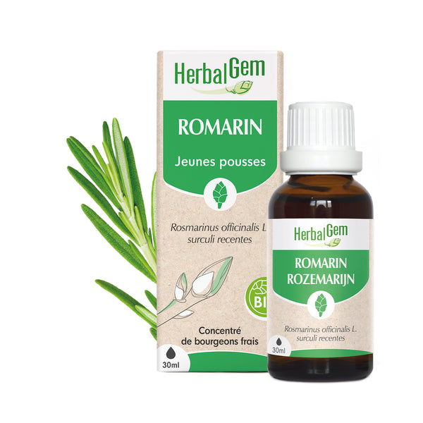 Flacon de 30ml du concentré de jeunes pousses Romarin HerbalGem, avec une branche de romarin.