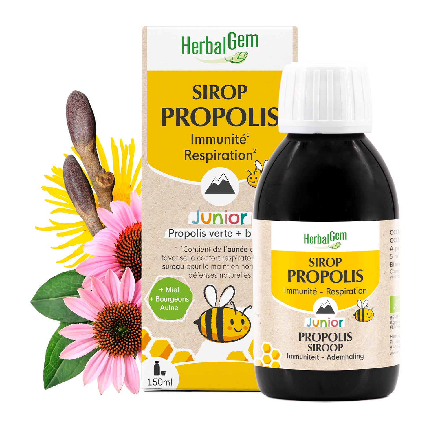 Un flacon de 150ml de sirop de propolis pour enfants d'HerbalGem au miel et bourgeons, pour l'immunité.