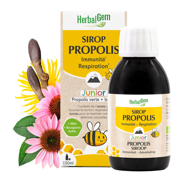 Un flacon de 150ml de sirop de propolis pour enfants d'HerbalGem au miel et bourgeons, pour l'immunité.