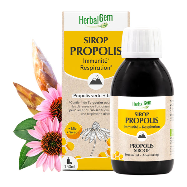 Un flacon de 150ml de sirop de propolis au miel et sureau d'HerbalGem, pour la respiration.