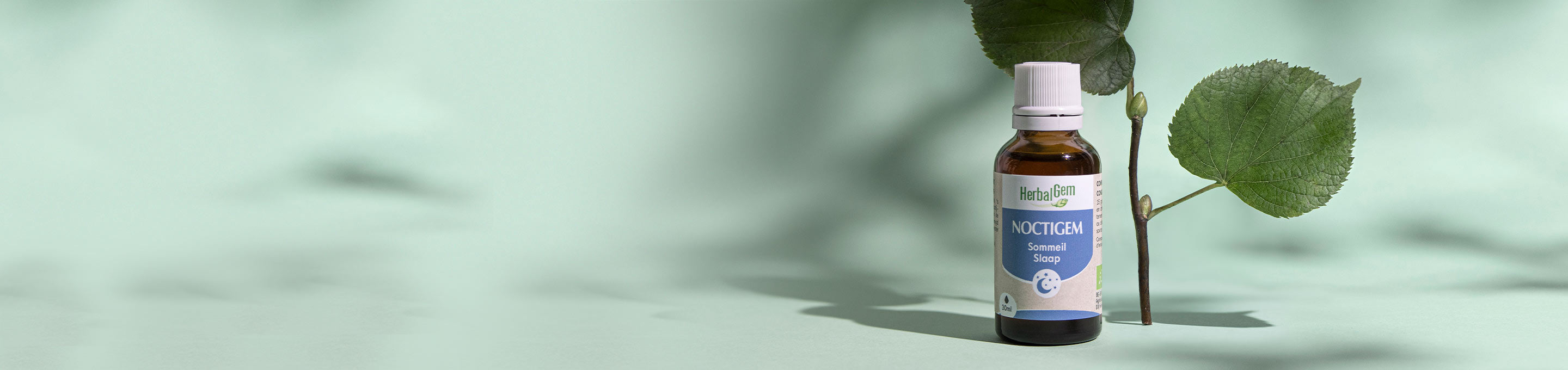Collection stress et sommeil HerbalGem, macérat de bourgeons Noctigem pour favoriser le sommeil, flacon avec feuille verte sur fond vert clair.