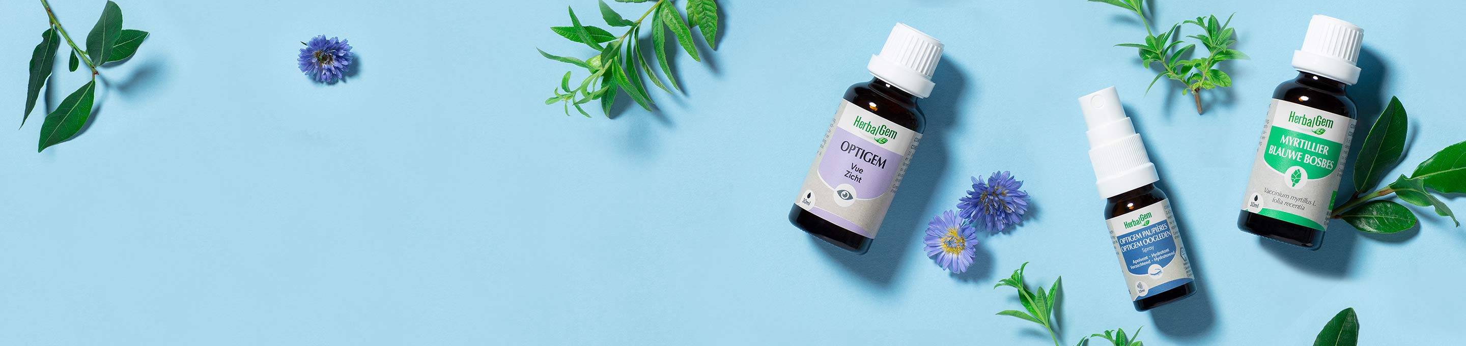 Collection soin des yeux HerbalGem : Optigem, spray paupières et Myrtille pour confort et vision naturelle.