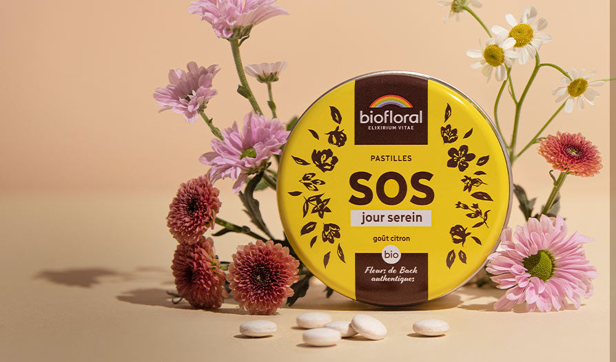 Pastilles aux fleurs de Bach bio SOS Secours de la marque Biofloral pour soutenir l’équilibre émotionnel.