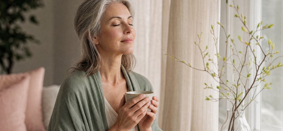 Femme sereine d'une cinquantaine d'années buvant une infusion près d'une fenêtre lumineuse, ménopause vécue avec apaisement