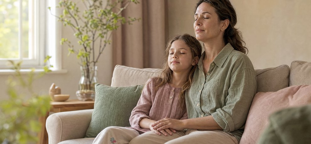 Mère et fille assises sur un canapé pratiquant un exercice de respiration pour apaiser le stress familial