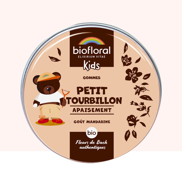Une boîte ronde Biofloral Kids de gommes Petit Tourbillon goût mandarine.