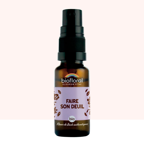 Flacon vaporisateur Biofloral Faire son Deuil, élixir floral bio Fleurs de Bach.