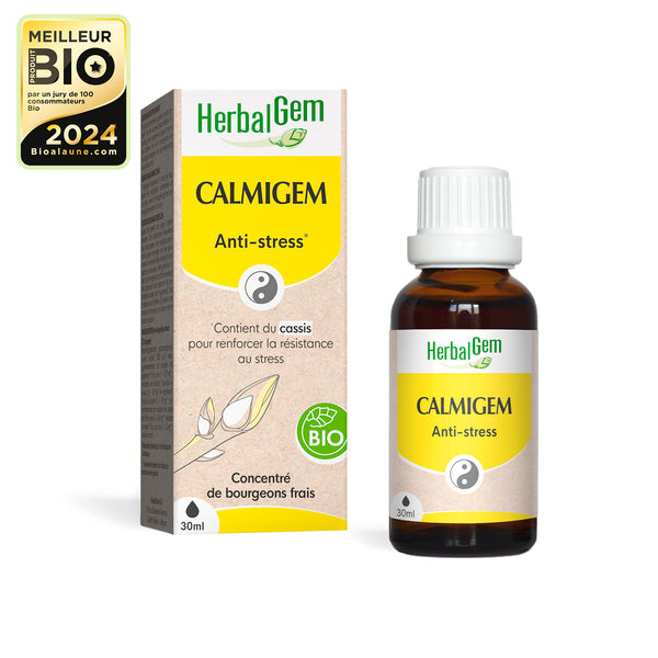 Boîte et flacon Calmigem Bio HerbalGem 30 ml, un concentré de bourgeons frais de cassis pour renforcer la résistance au stress, avec label ‘Meilleur Produit Bio 2024.