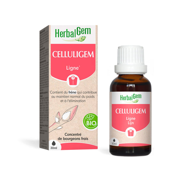 Boîte et flacon Celluligem Bio HerbalGem de 30 ml, un concentré de bourgeons frais de frêne.