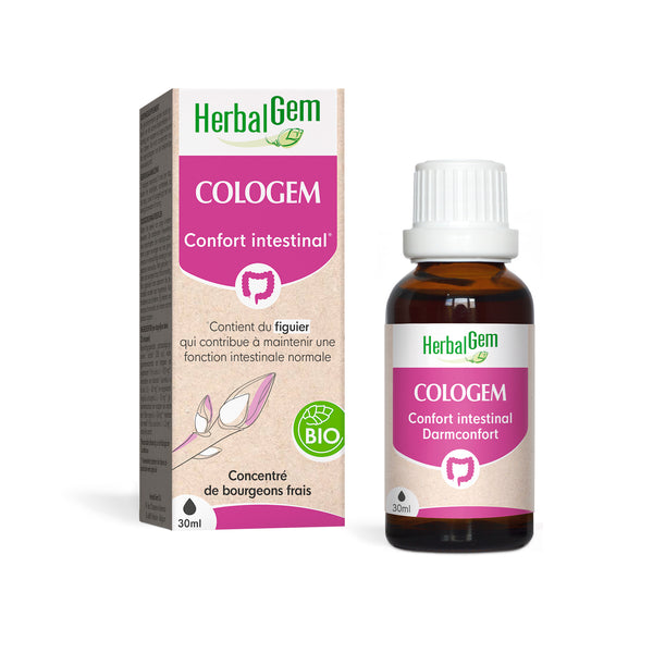 Flacon de Cologem HerbalGem de 30 ml, de concentré de bourgeons frais, pour le confort intestinal.