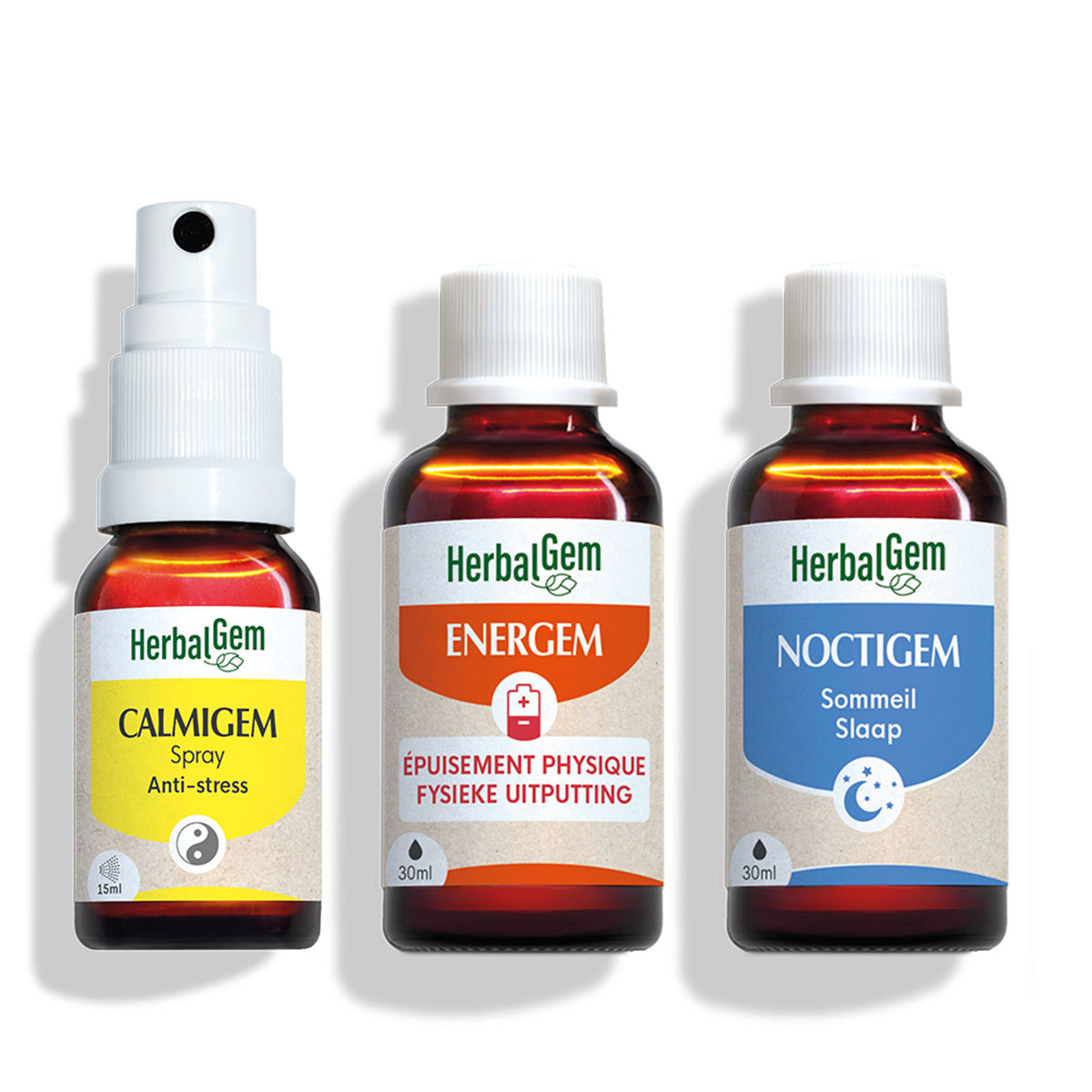 Pack sérénité et vitalité : trois produits HerbalGem Calmigem 15ml anti-stress, Energem 30ml épuisement physique et Noctigem 30ml sommeil