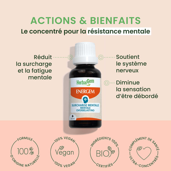 Flacon Energem d'HerbalGem Surcharge mentale 30 ml Bio entouré de feuilles et de fleurs orange.