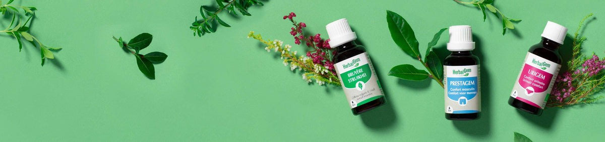 Collection confort urinaire d'HerbalGem avec trois flacons : bruy§re, PRESTAGEM et URIGEM.
