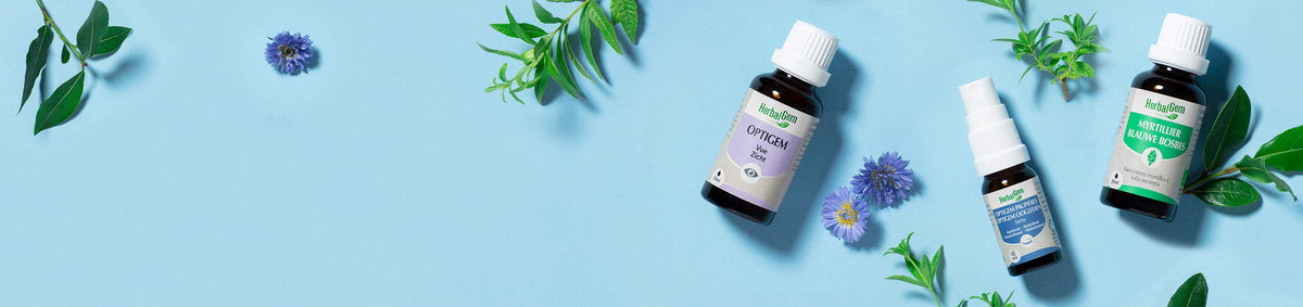 Collection soin des yeux HerbalGem : Optigem, spray paupières et Myrtille pour confort et vision naturelle.
