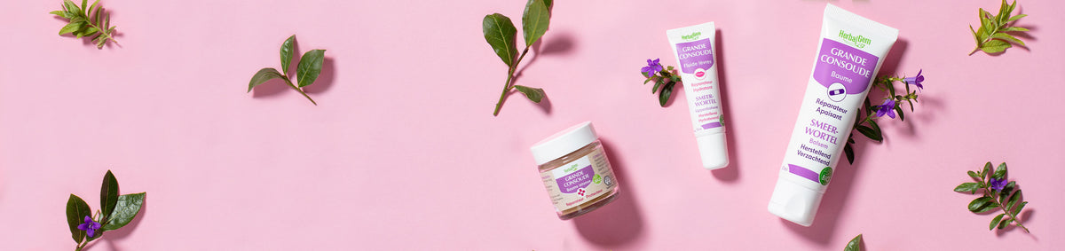 Collection cosmétique d'HerbalGem avec 3 produits à la grande consoude (baume, fluide lèvres et soin réparateur).